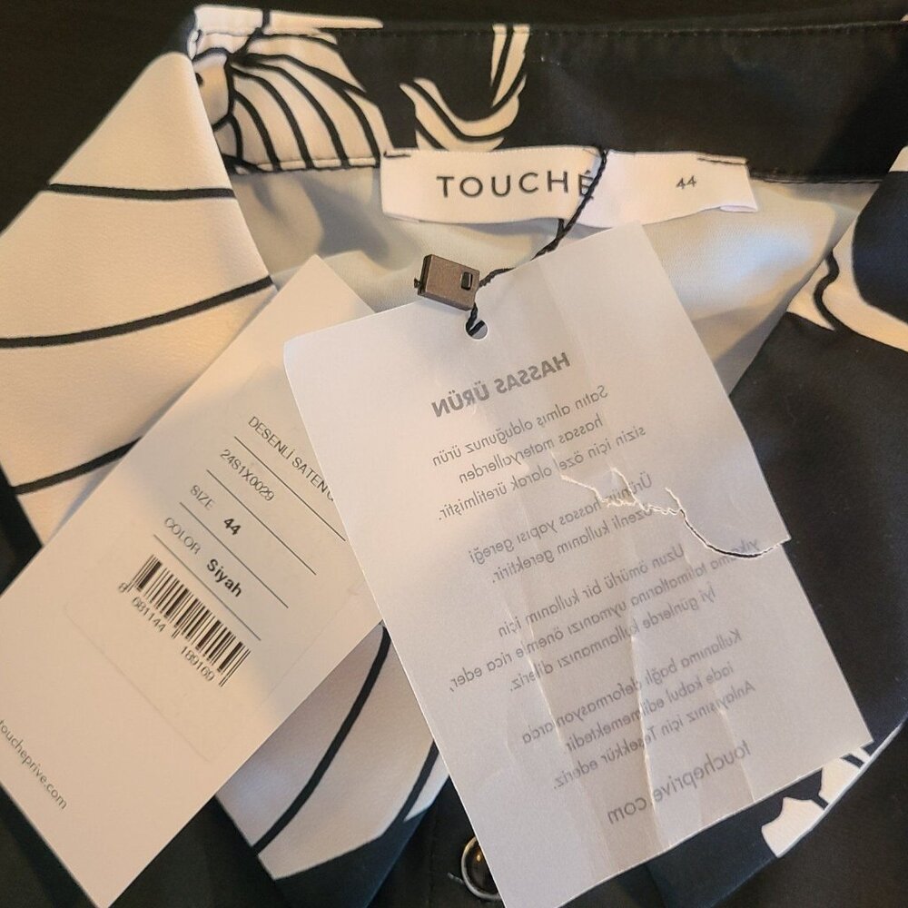 Touche Prive Black White Satin Patterned Shirt Blouse Top EU 44 US 14-16 NWT - Picture 6 of 8